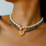 Vintage Heart Pendant Freshwater Pearl Beaded Necklace gembea jewelry