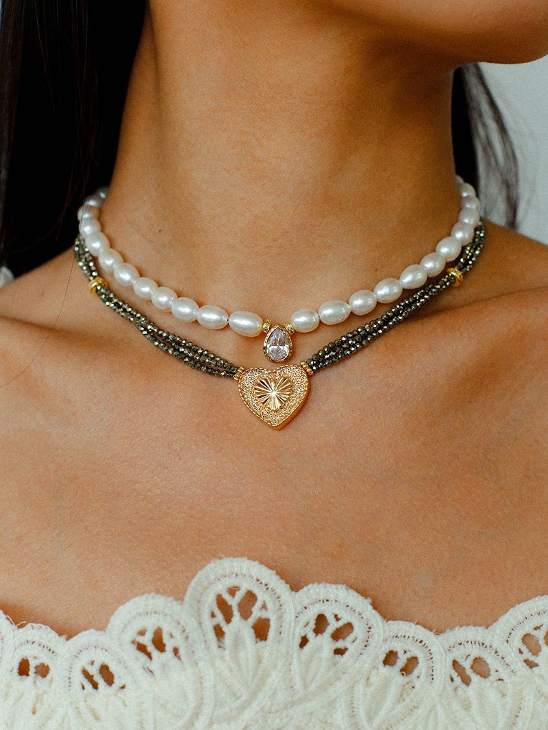 Vintage Heart Pendant Freshwater Pearl Beaded Necklace gembea jewelry