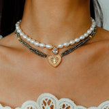 Vintage Heart Pendant Freshwater Pearl Beaded Necklace gembea jewelry