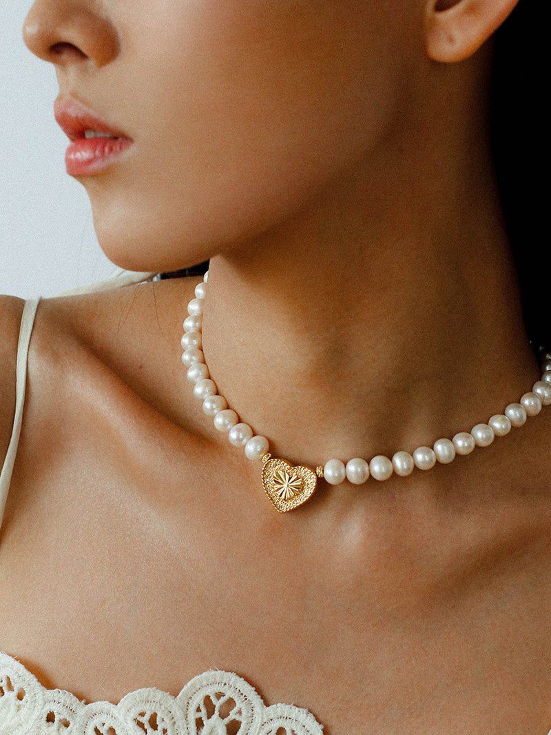 Vintage Heart Pendant Freshwater Pearl Beaded Necklace gembea jewelry