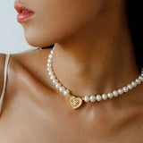 Vintage Heart Pendant Freshwater Pearl Beaded Necklace gembea jewelry