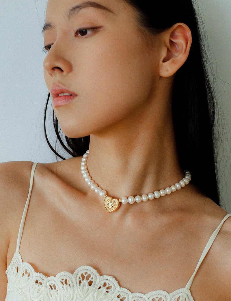 Vintage Heart Pendant Freshwater Pearl Beaded Necklace gembea jewelry