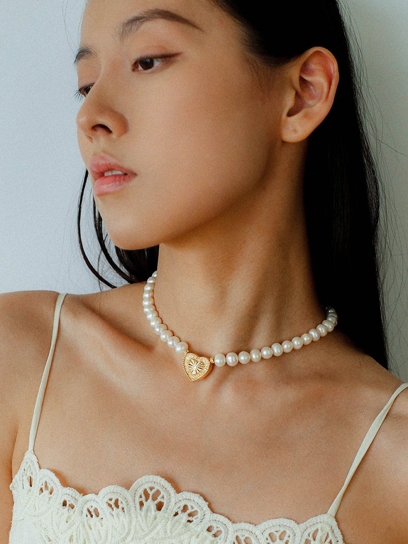 Vintage Heart Pendant Freshwater Pearl Beaded Necklace gembea jewelry
