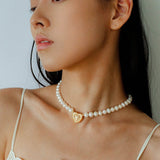 Vintage Heart Pendant Freshwater Pearl Beaded Necklace gembea jewelry