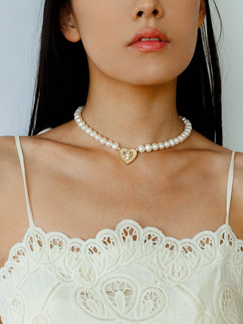 Vintage Heart Pendant Freshwater Pearl Beaded Necklace gembea jewelry