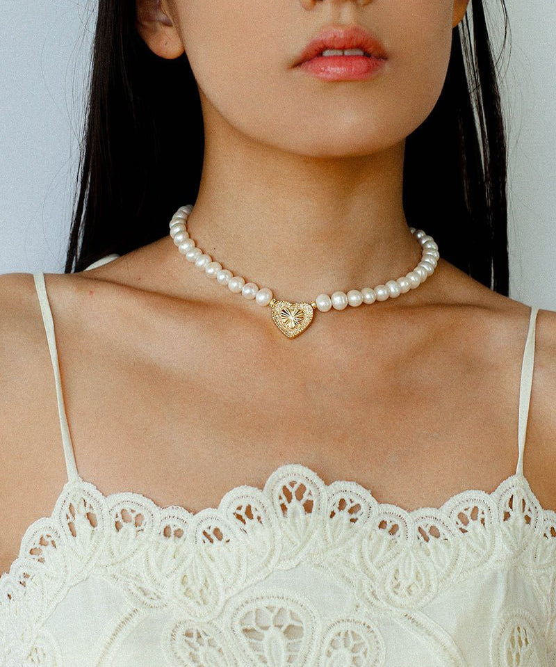 Vintage Heart Pendant Freshwater Pearl Beaded Necklace gembea jewelry