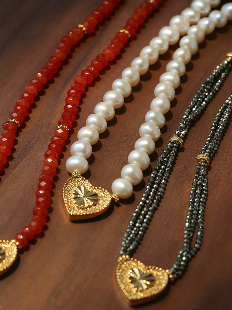Vintage Heart Pendant Freshwater Pearl Beaded Necklace gembea jewelry