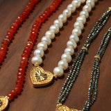 Vintage Heart Pendant Freshwater Pearl Beaded Necklace gembea jewelry