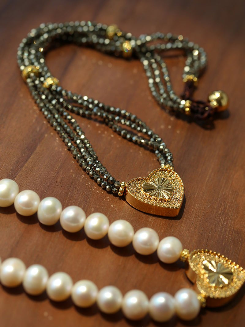 Vintage Heart Pendant Freshwater Pearl Beaded Necklace gembea jewelry