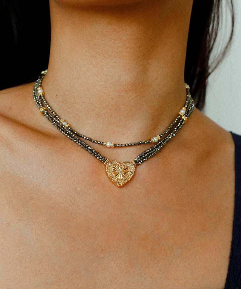 Vintage Heart Pendant Gold Ore Stone Necklace gembea jewelry