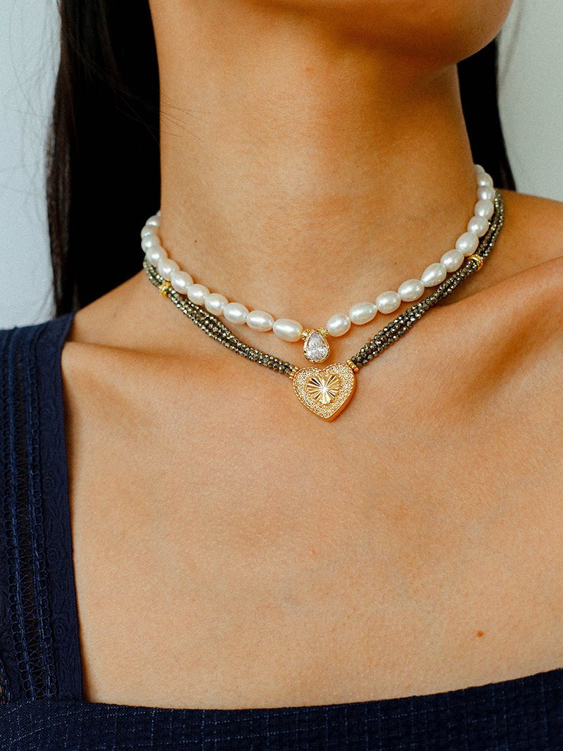 Vintage Heart Pendant Gold Ore Stone Necklace gembea jewelry