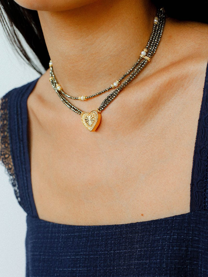 Vintage Heart Pendant Gold Ore Stone Necklace gembea jewelry