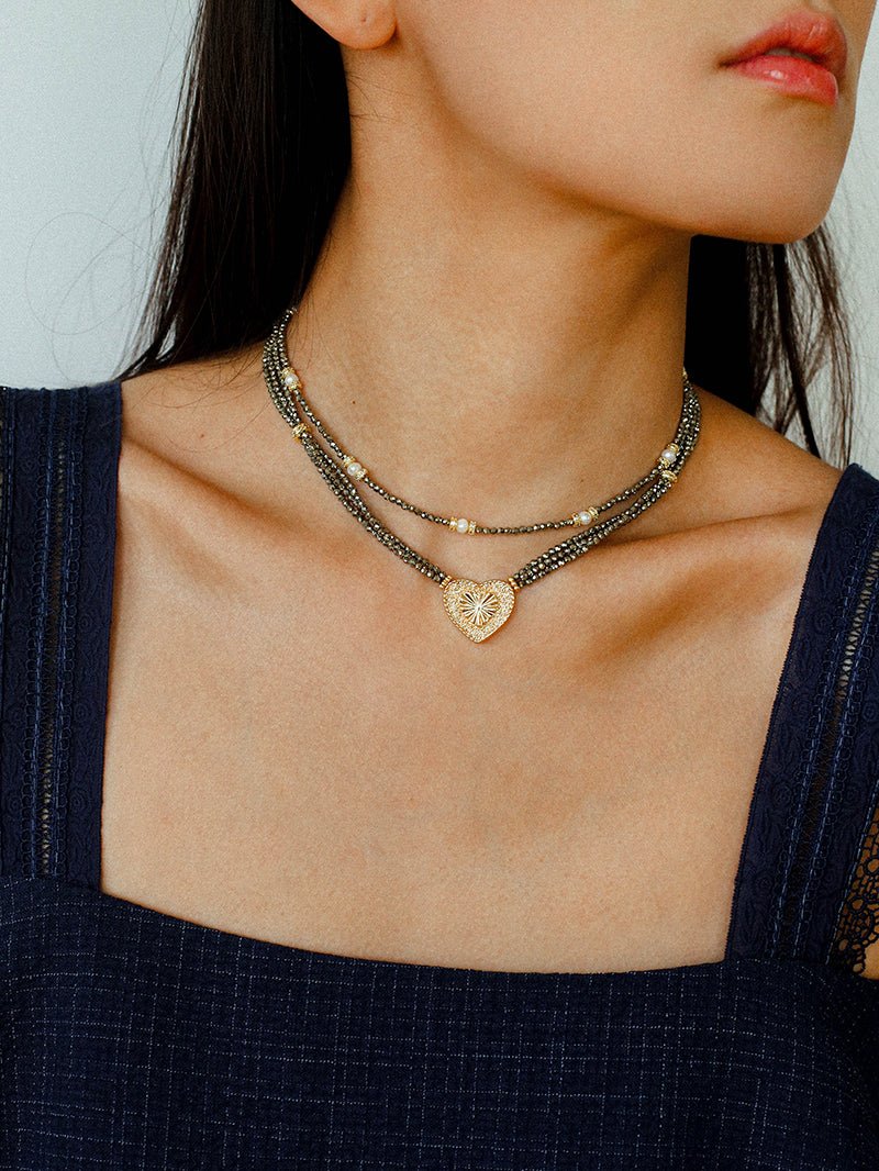 Vintage Heart Pendant Gold Ore Stone Necklace gembea jewelry