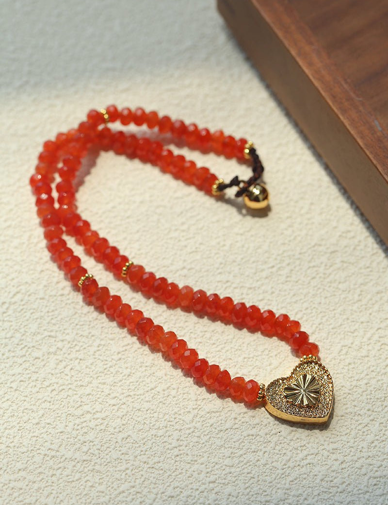 Vintage Heart Pendant Red Stone Bead Necklace gembea jewelry