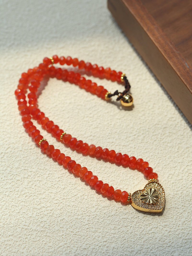 Vintage Heart Pendant Red Stone Bead Necklace gembea jewelry