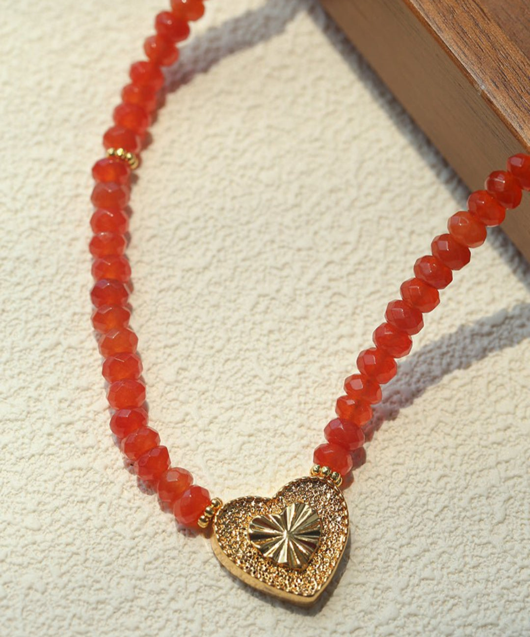 Vintage Heart Pendant Red Stone Bead Necklace gembea jewelry