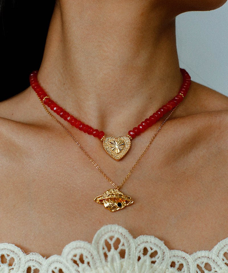 Vintage Heart Pendant Red Stone Bead Necklace gembea jewelry