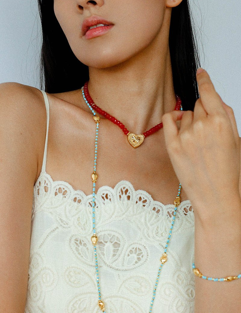 Vintage Heart Pendant Red Stone Bead Necklace gembea jewelry