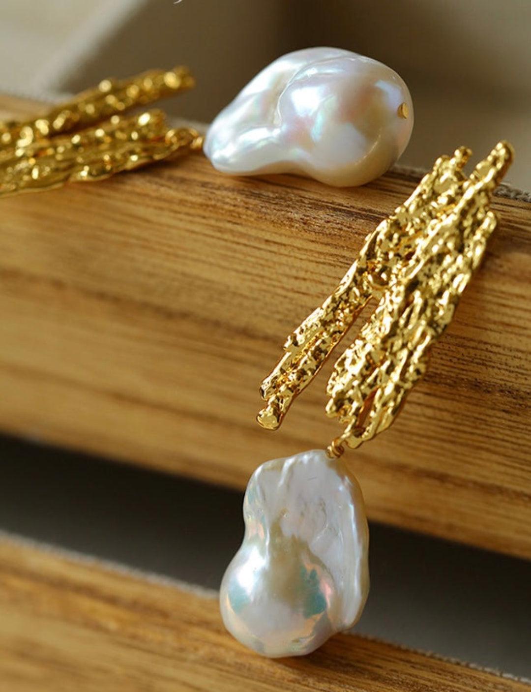 Vintage Lava Texture Natural Baroque Pearl Earrings - Gembea Jewelry