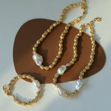 Vintage Metal Bean Baroque Pearl Necklace-Gembea Jewelry