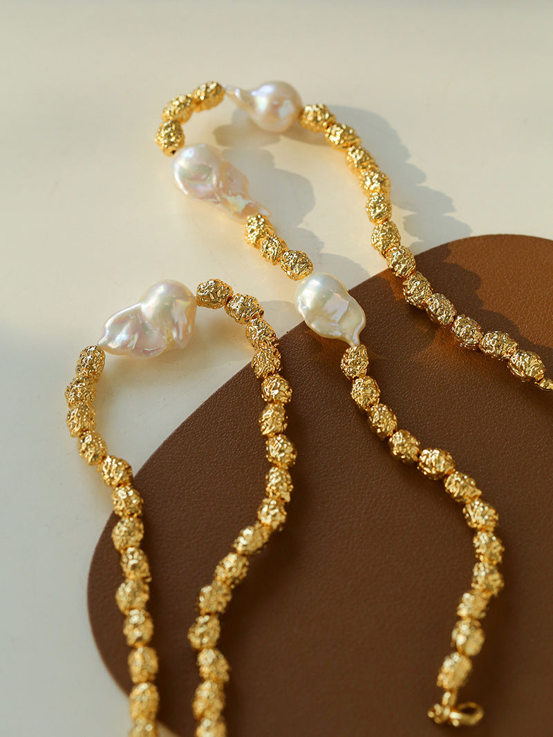 Vintage Metal Bean Baroque Pearl Necklace-Gembea Jewelry