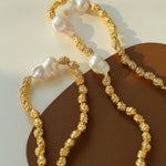 Vintage Metal Bean Baroque Pearl Necklace-Gembea Jewelry