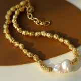 Vintage Metal Bean Baroque Pearl Necklace-Gembea Jewelry