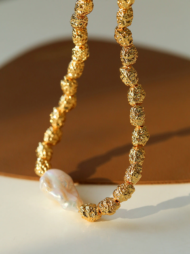 Vintage Metal Bean Baroque Pearl Necklace-Gembea Jewelry