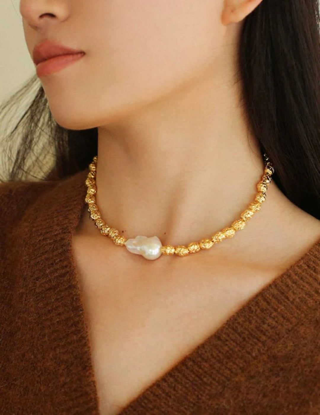 Vintage Metal Bean Baroque Pearl Necklace-Gembea Jewelry