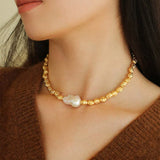Vintage Metal Bean Baroque Pearl Necklace-Gembea Jewelry