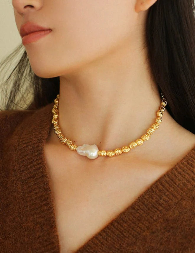 Vintage Metal Bean Baroque Pearl Necklace-Gembea Jewelry