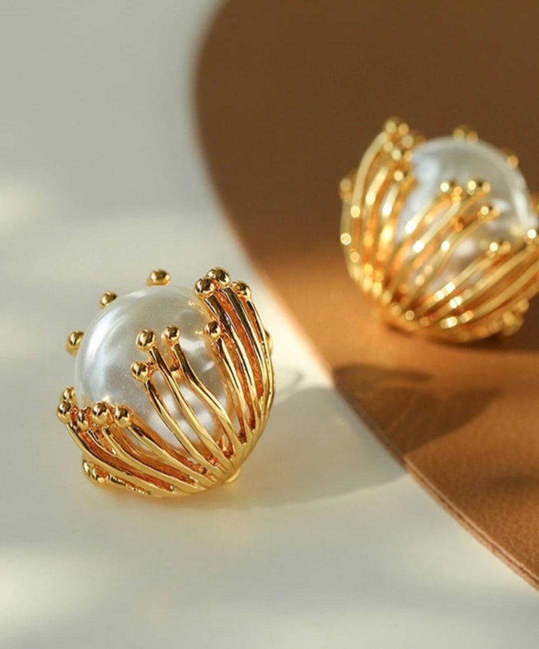 Vintage Metal Flowery Pearl Stud Earrings - Gembea Jewelry