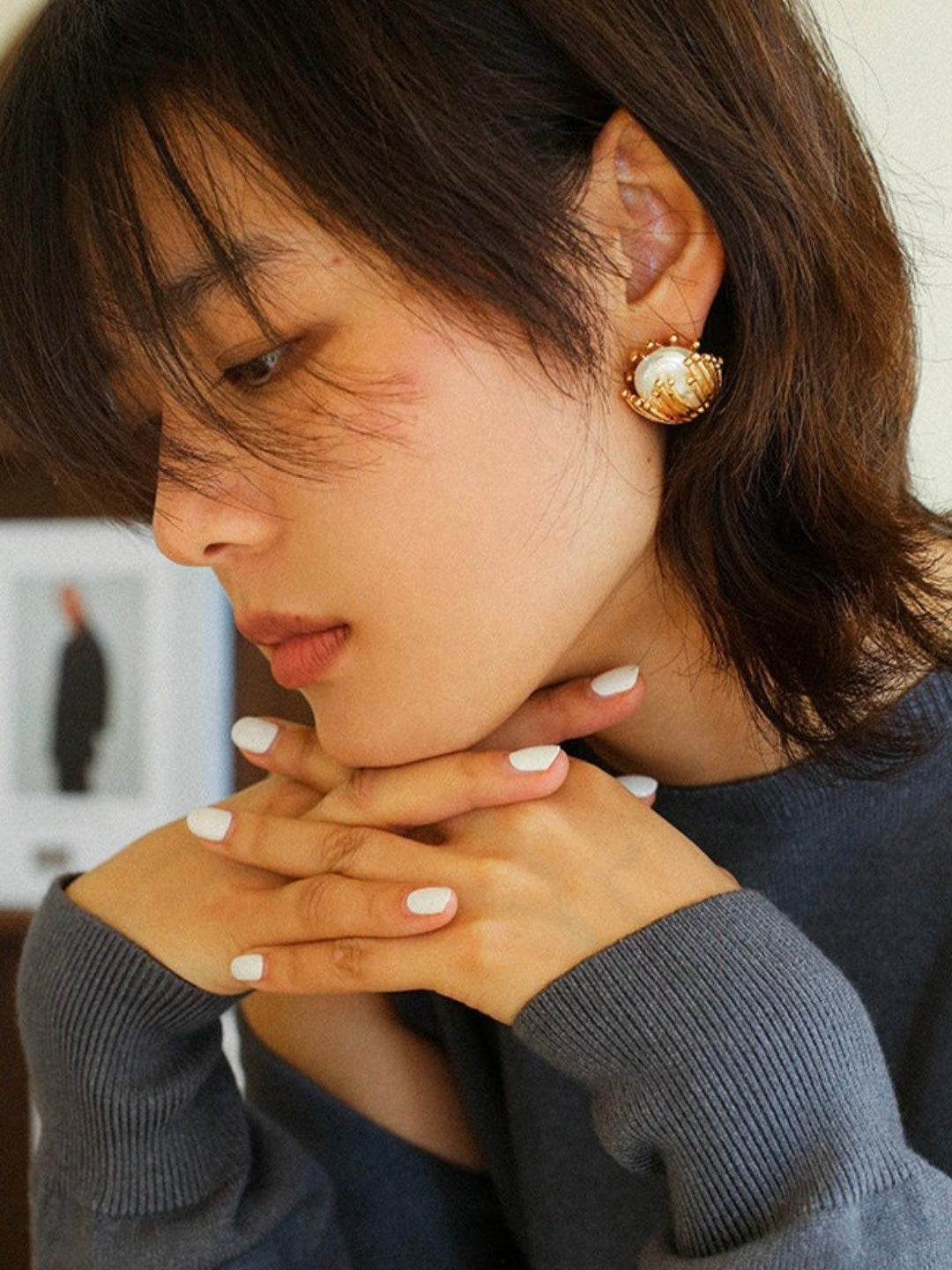 Vintage Metal Flowery Pearl Stud Earrings - Gembea Jewelry