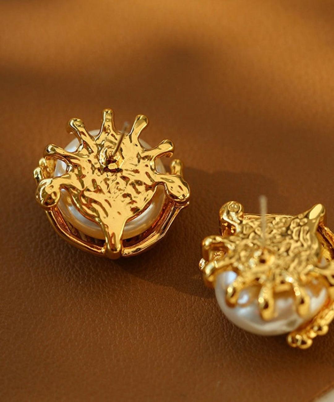 Vintage Metal Flowery Pearl Stud Earrings - Gembea Jewelry