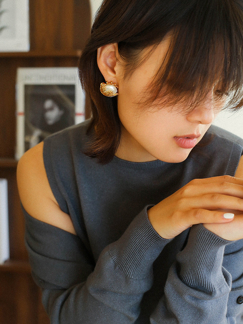 Vintage Metal Flowery Pearl Stud Earrings gembea jewelry