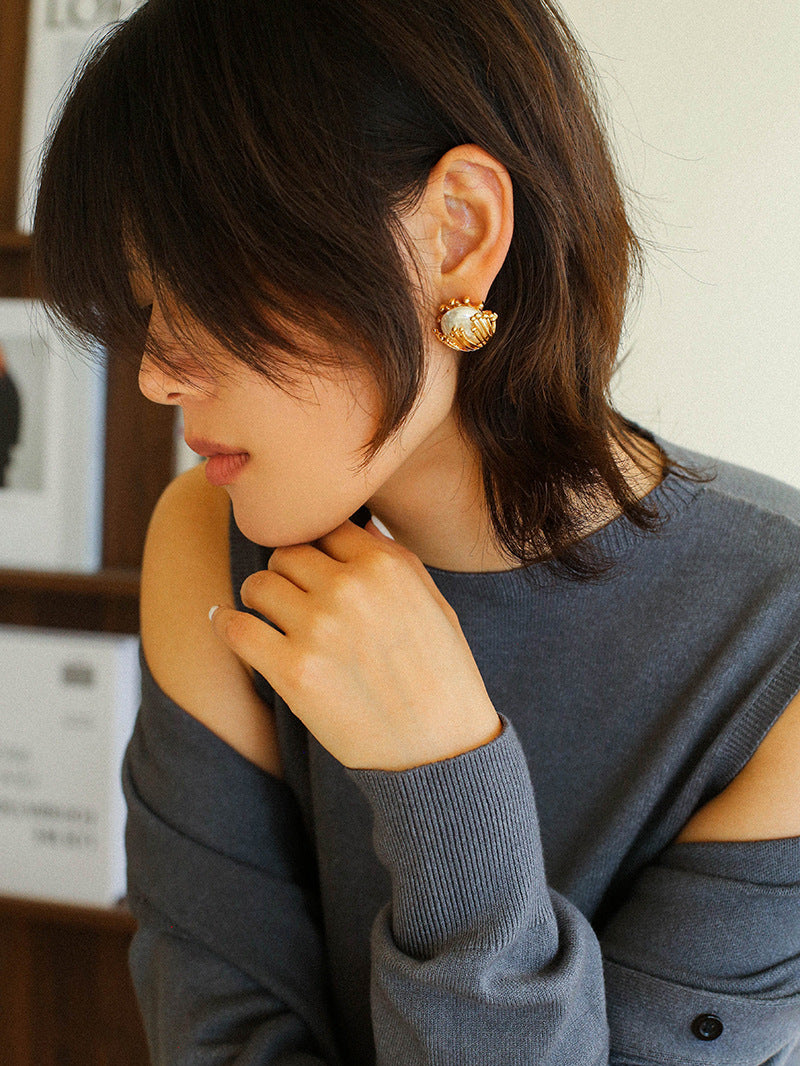 Vintage Metal Flowery Pearl Stud Earrings gembea jewelry