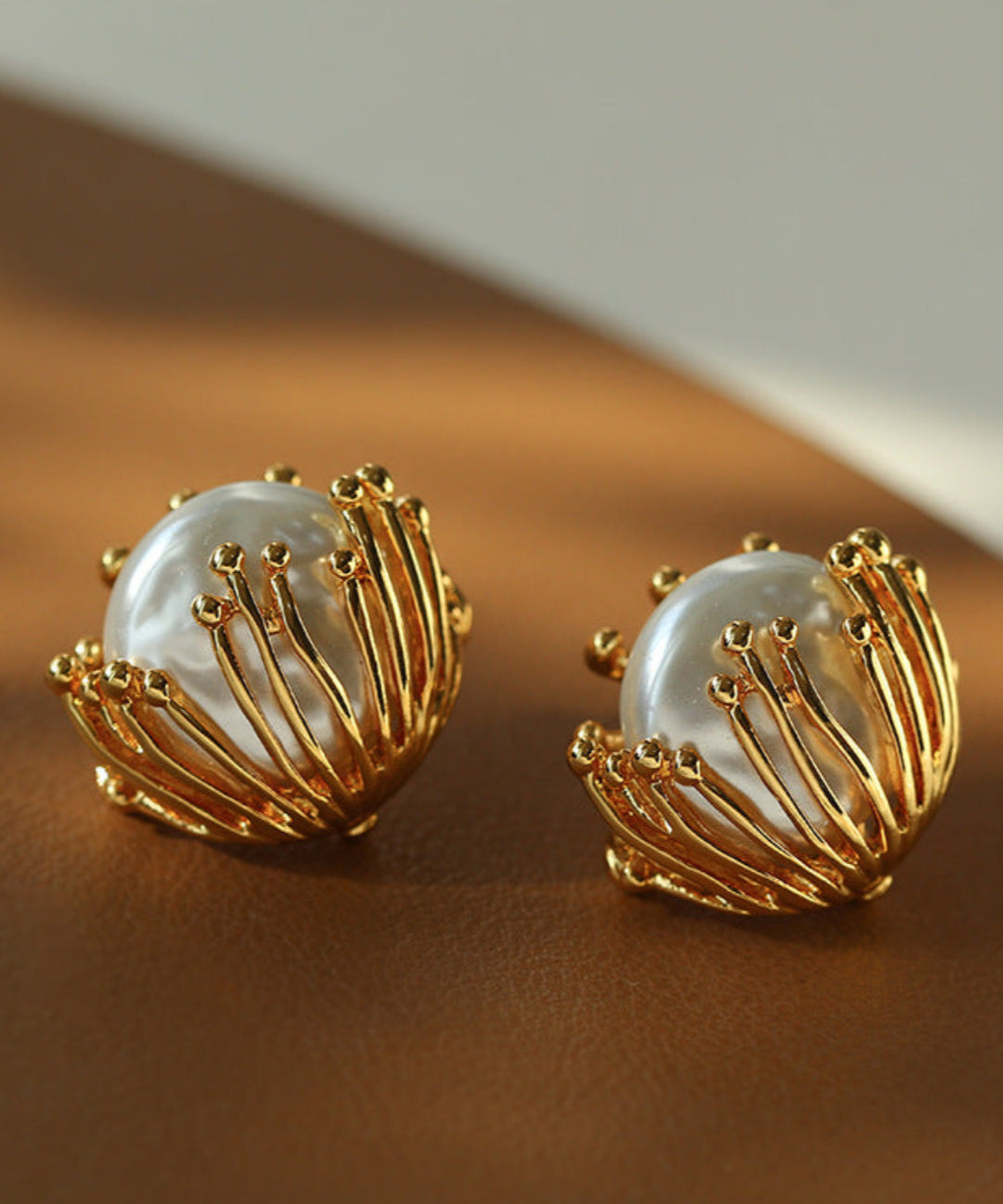 Vintage Metal Flowery Pearl Stud Earrings gembea jewelry