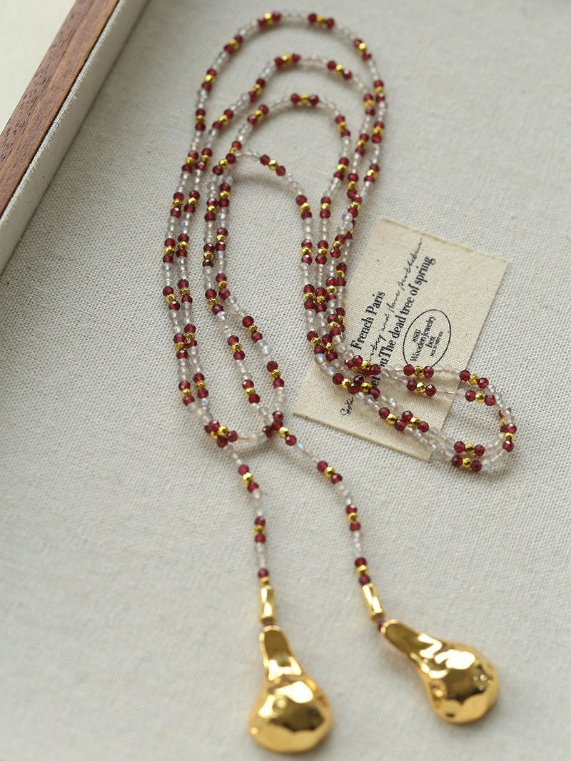 Vintage Spoon Pendant Garnet White Crystal Beaded Necklace
