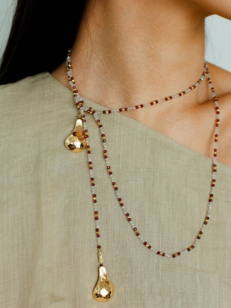 Vintage Spoon Pendant Garnet White Crystal Beaded Necklace