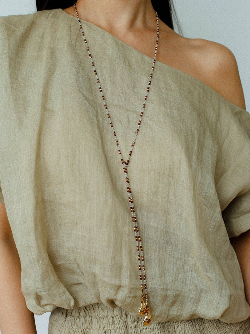 Vintage Spoon Pendant Garnet White Crystal Beaded Necklace