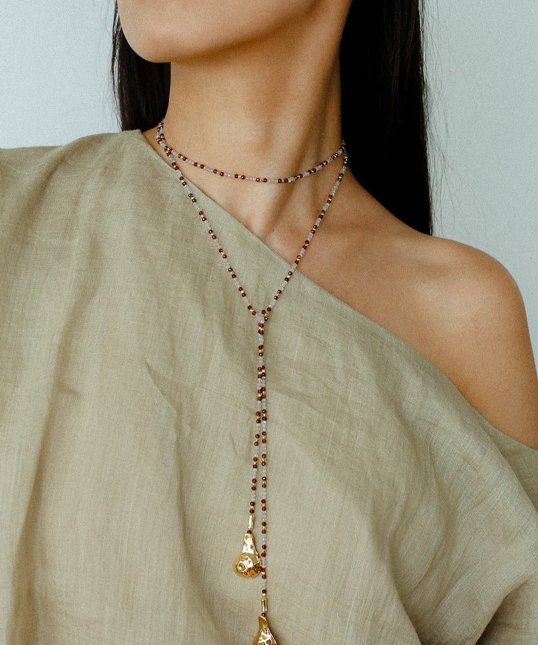 Vintage Spoon Pendant Garnet White Crystal Beaded Necklace