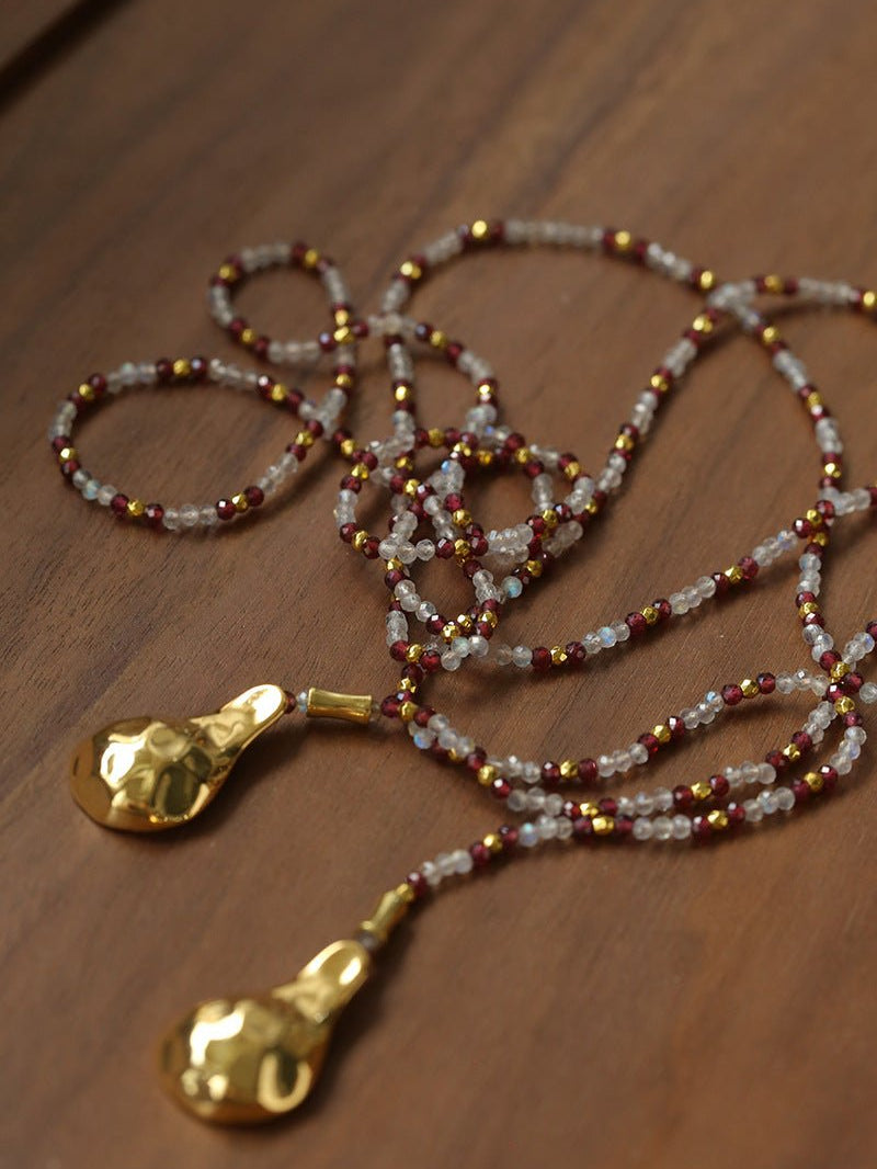 Vintage Spoon Pendant Garnet White Crystal Beaded Necklace