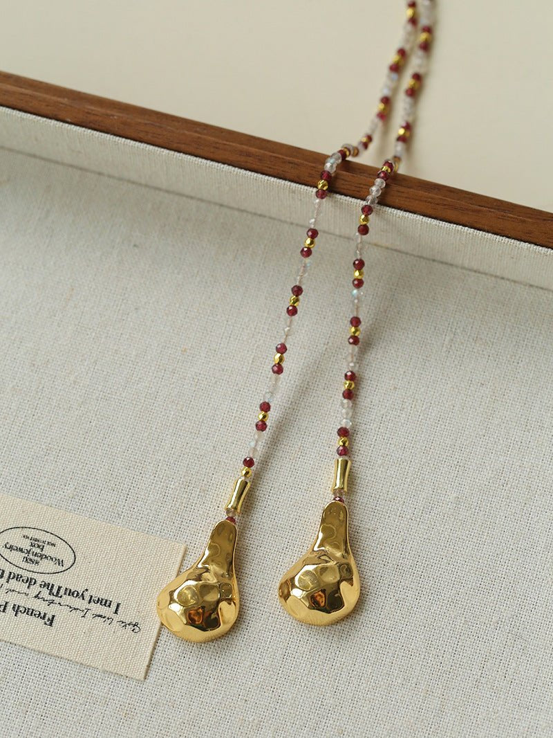 Vintage Spoon Pendant Garnet White Crystal Beaded Necklace