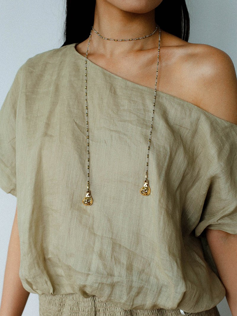 Vintage Spoon Pendant Garnet White Crystal Beaded Necklace gembea jewelry