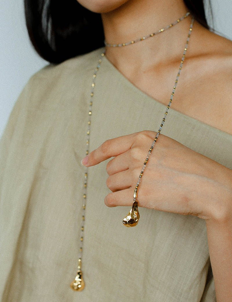 Vintage Spoon Pendant Garnet White Crystal Beaded Necklace gembea jewelry