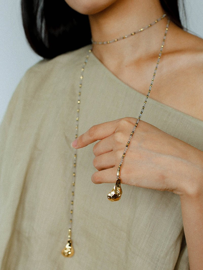 Vintage Spoon Pendant Garnet White Crystal Beaded Necklace gembea jewelry