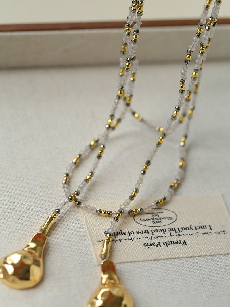 Vintage Spoon Pendant Garnet White Crystal Beaded Necklace gembea jewelry