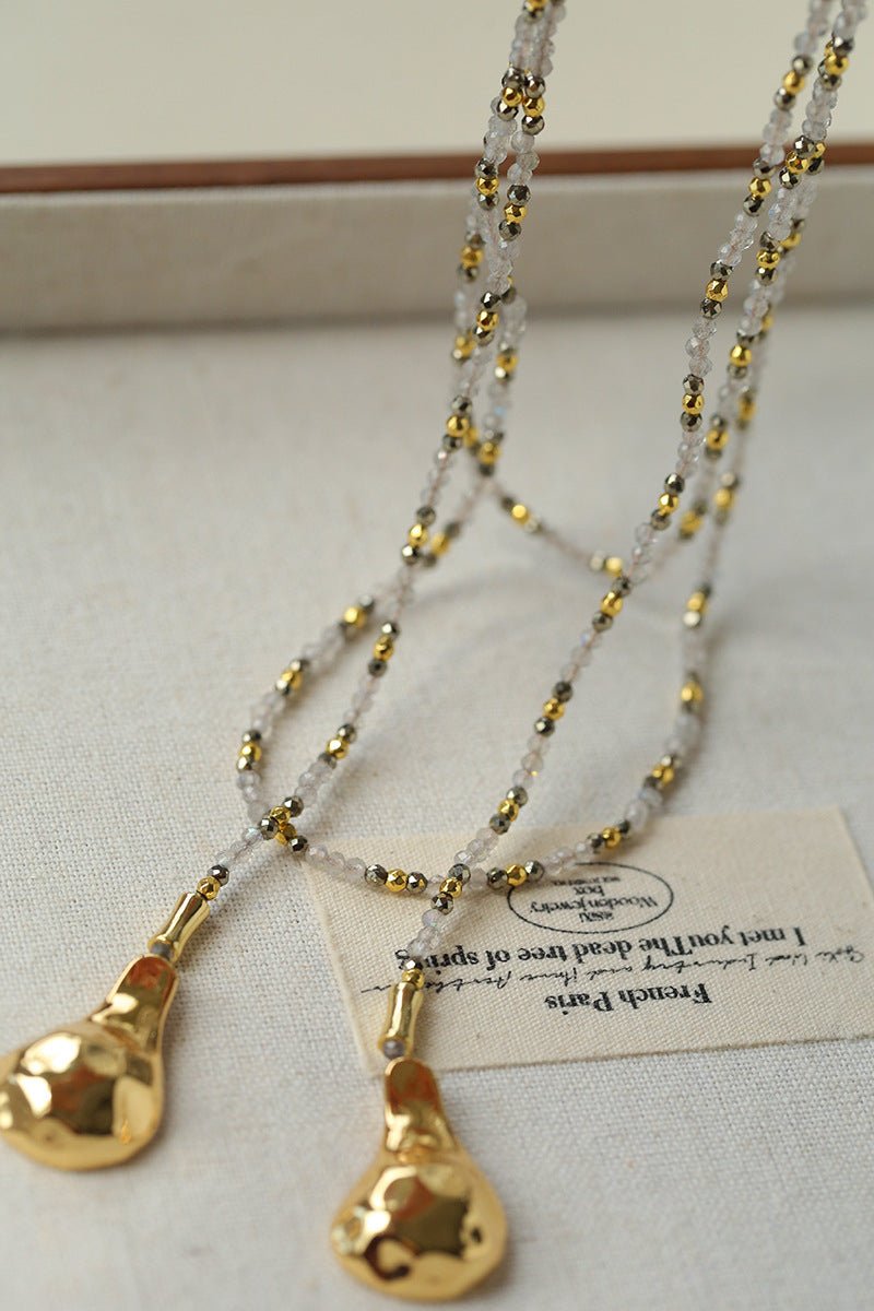 Vintage Spoon Pendant Garnet White Crystal Beaded Necklace gembea jewelry