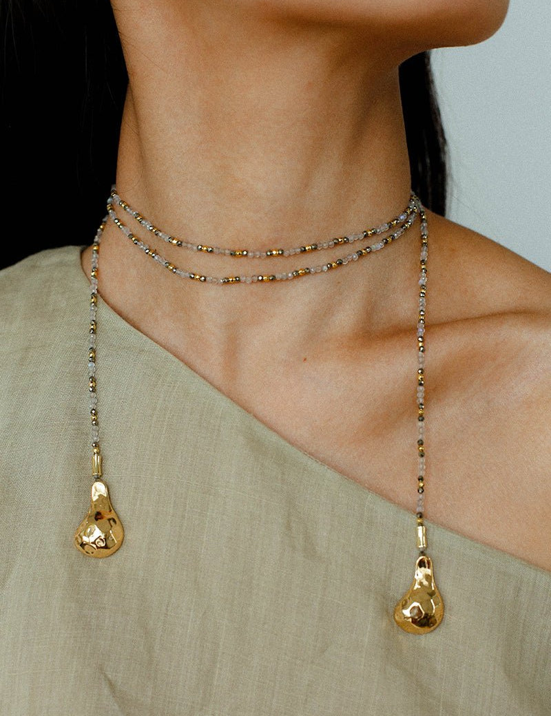 Vintage Spoon Pendant Garnet White Crystal Beaded Necklace gembea jewelry