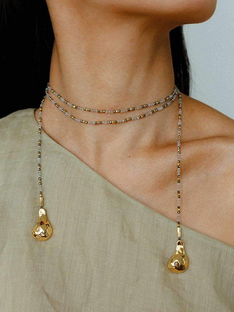 Vintage Spoon Pendant Garnet White Crystal Beaded Necklace gembea jewelry